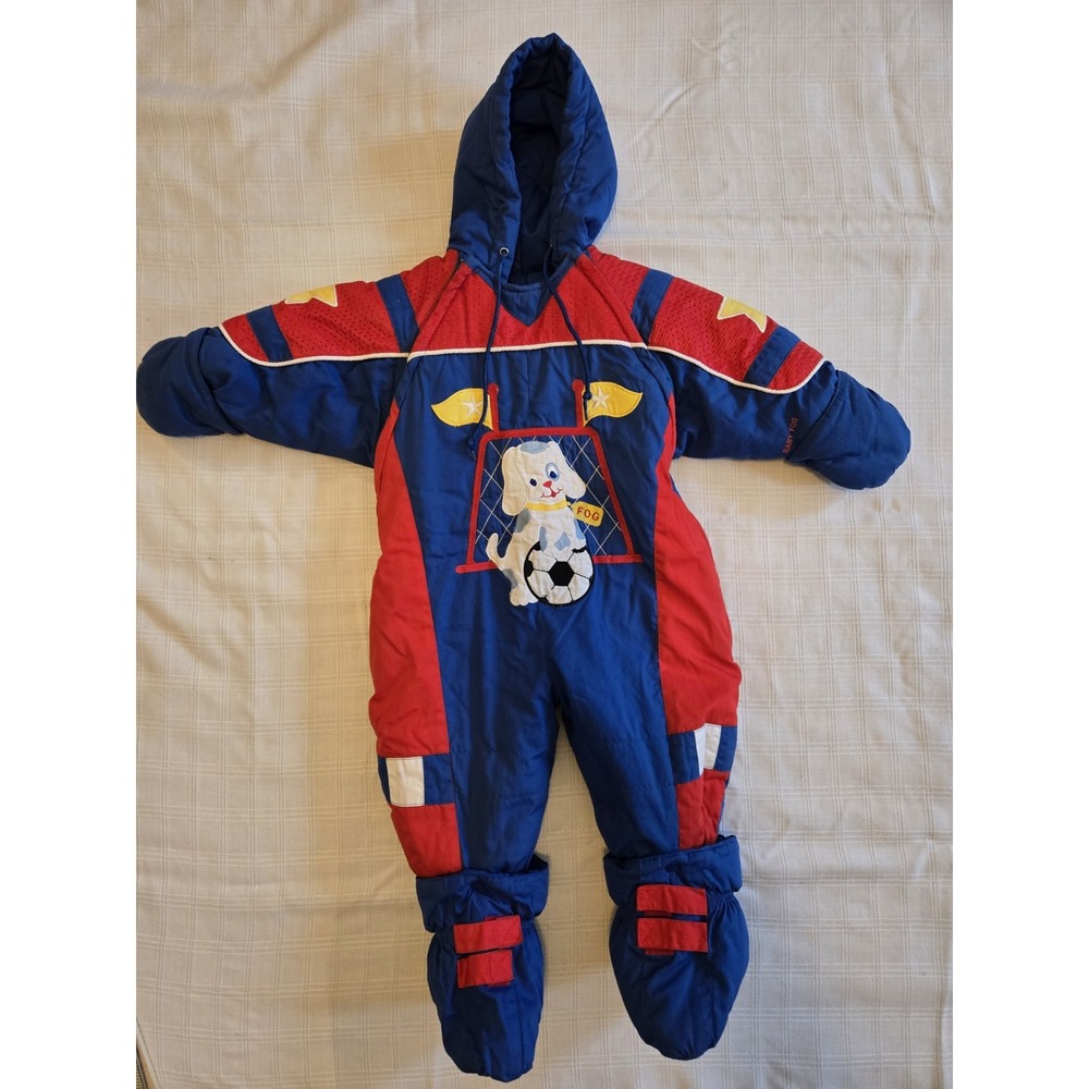 Vintage London Fog Snowsuit Boys 18 Months Red Blue Yellow Puppy Hooded Puffer